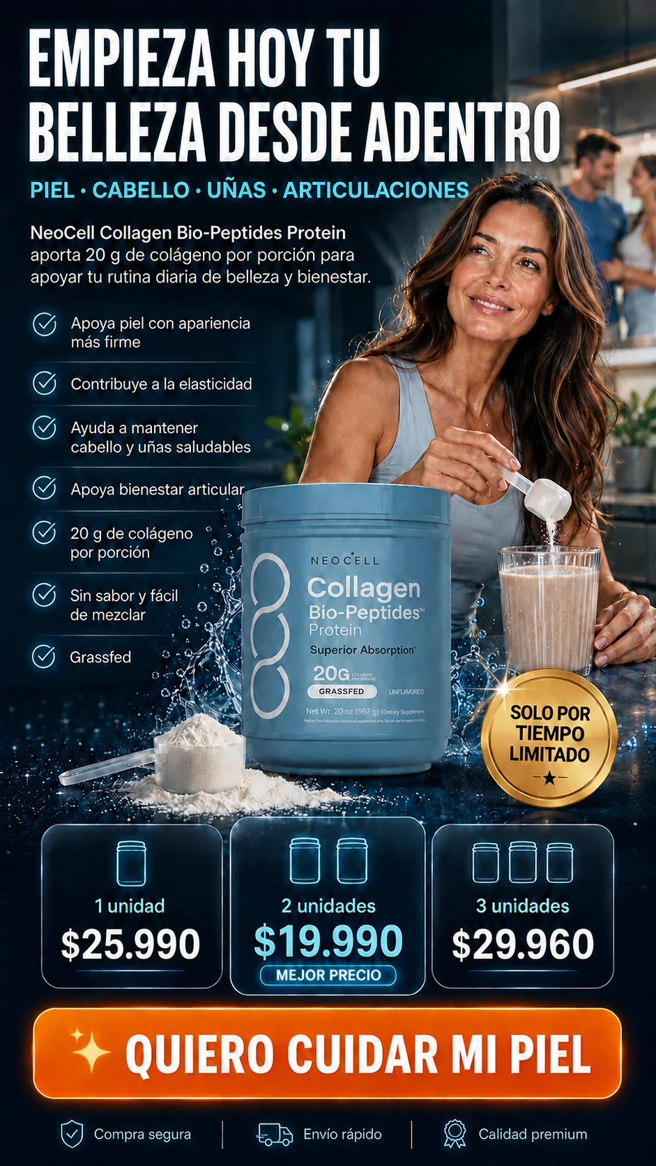 Colágeno en polvo para piel, cabello, uñas y articulaciones